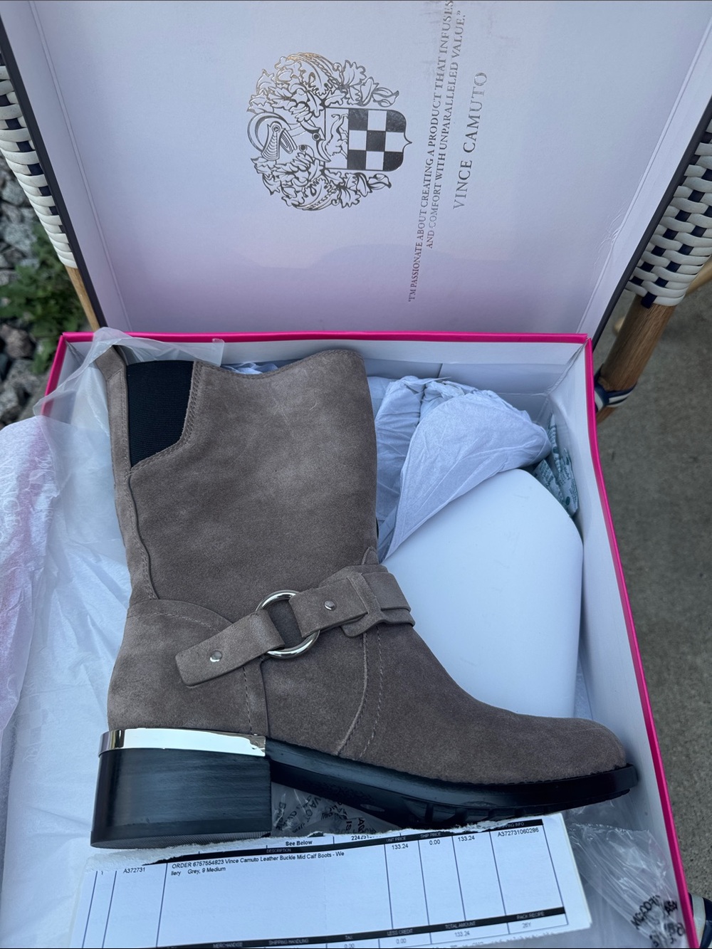 Vince Taupe Suede Ankle Boots with Buckle and Metallic Heel Accent